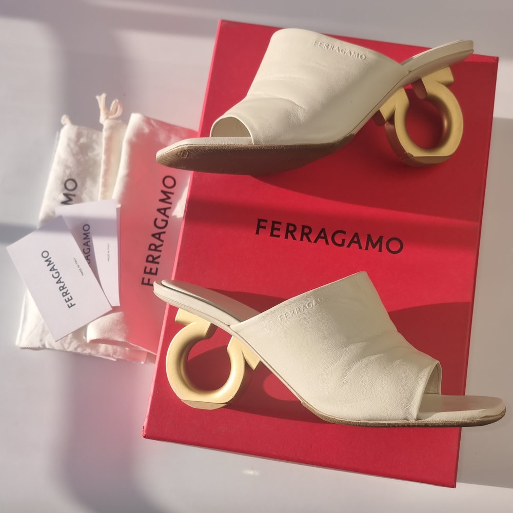 Salvatore Ferragamo Cream and Gold Mules with Luxurious Design